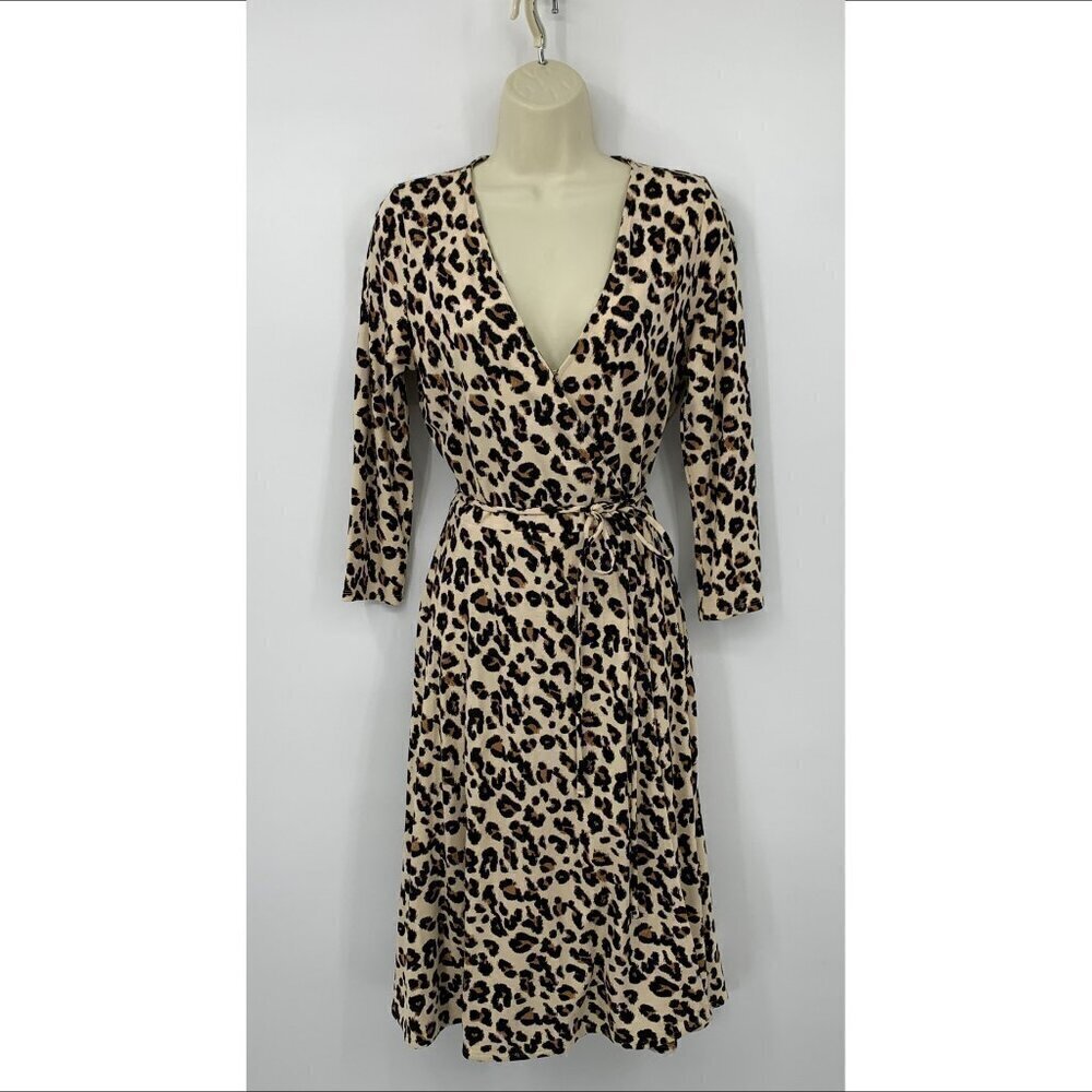 Banana Republic wrap dress leopard print knit stretch brown black cat cheetah S